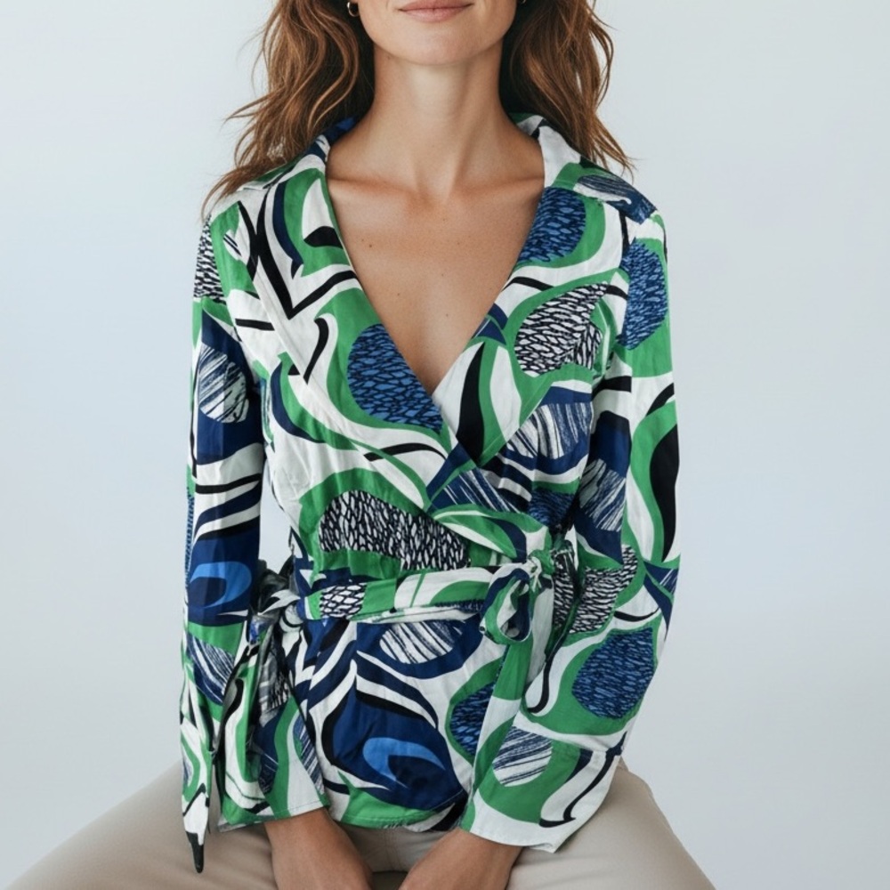 NWT Ann Taylor Abstract Long Sleeve Wrap Shirt 10 P 10P
